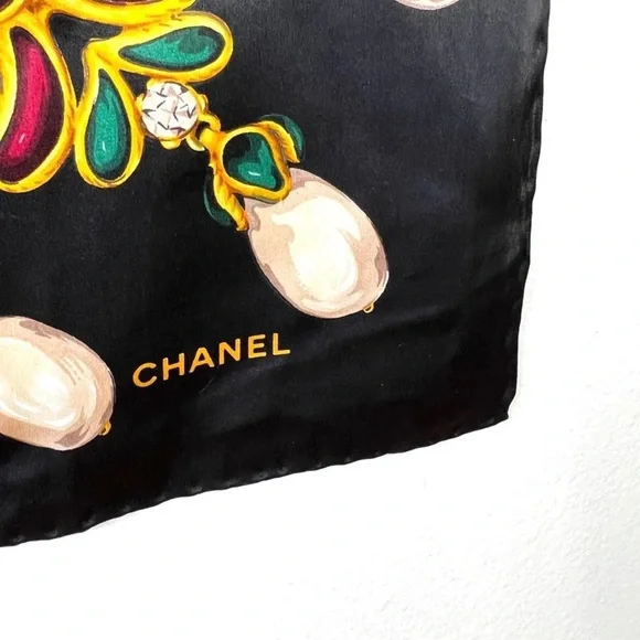 CHANEL Black Silk Scarf with Jewel Motif Pearls 35” x 35” - Picture 2 of 4